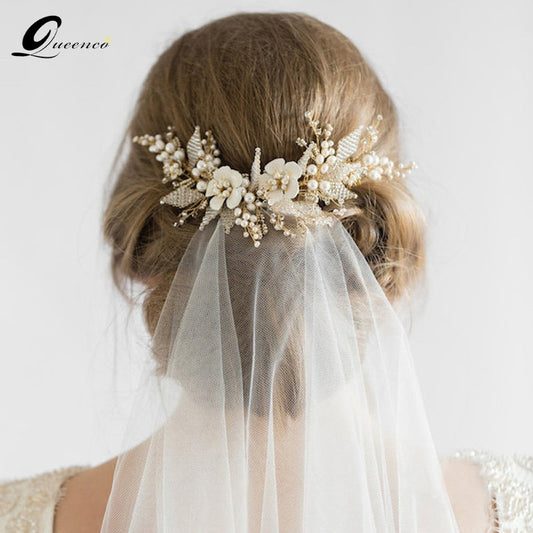 Eprolo Queenco Gold bridal hair comb with pearl beads, wedding hair accessory, women's headpiece, elegant hair vine for special occasions