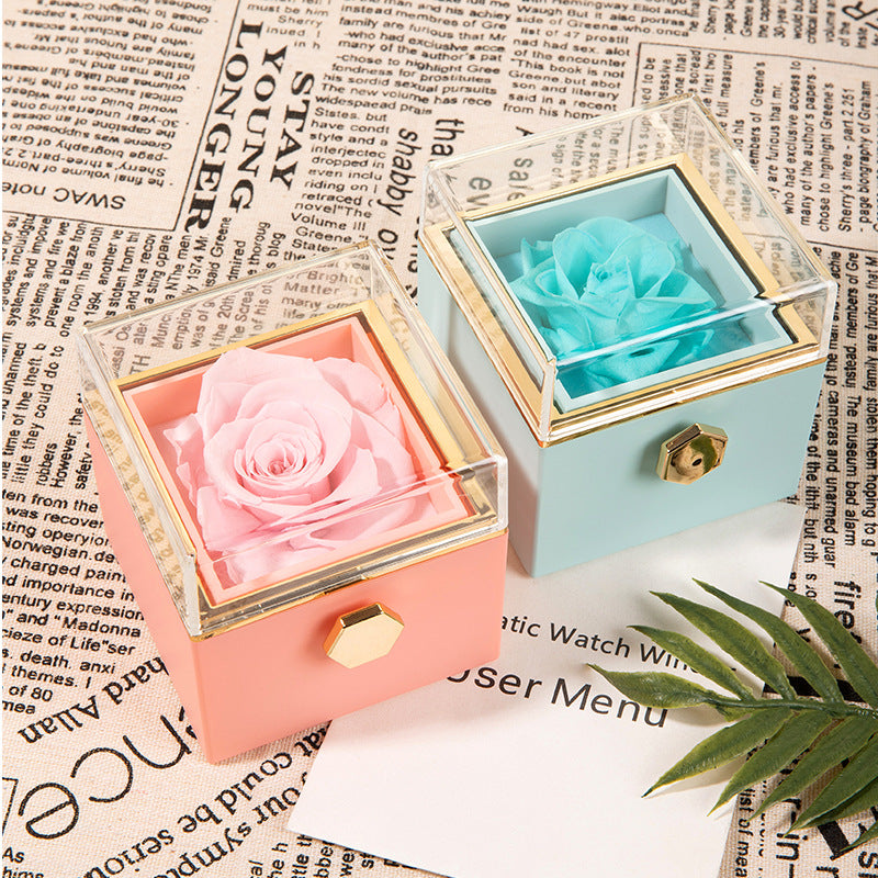 Eprolo 360° flip rose gift box holding a necklace and ring, ideal for Valentine's Day, Mother's Day, or birthdays.
