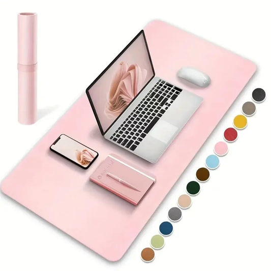 Large waterproof PU leather office desk protector mat with mouse pad and keyboard space, suitable for gaming and workspace use.