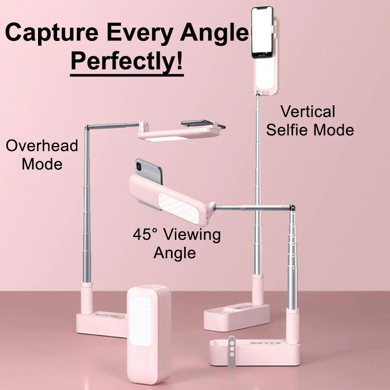 eprolo portable retractable wireless LED selfie fill light with dimmable settings and phone holder stand for live video use