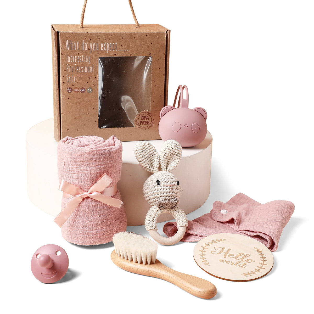 Eprolo baby shower gift set including bath towel, wool brush, water towel, pacifier, and hand print keepsake.