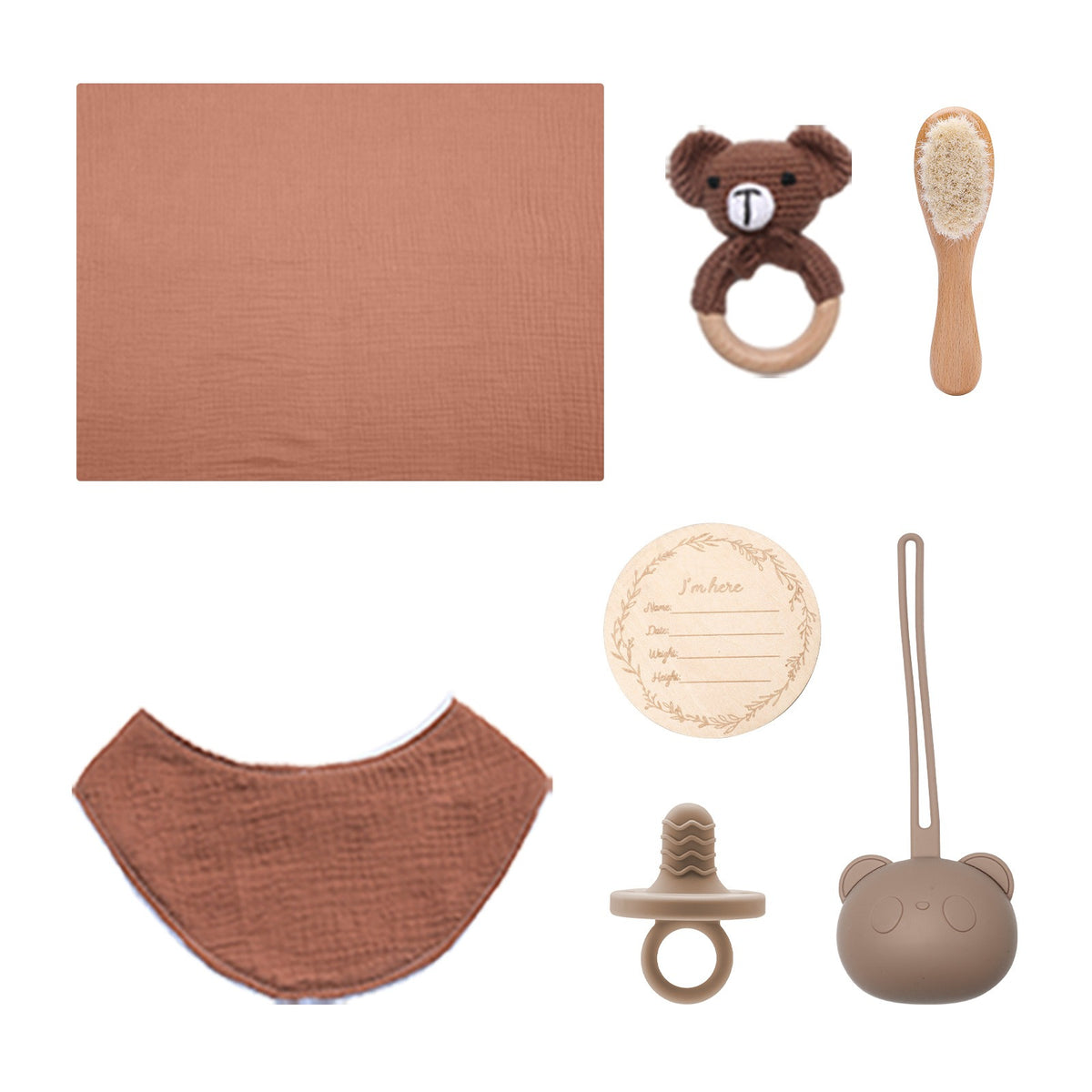 Eprolo baby shower gift set with full moon birth towel, wool brush, water towel, pacifier, and hand gift in soft pastel colors.