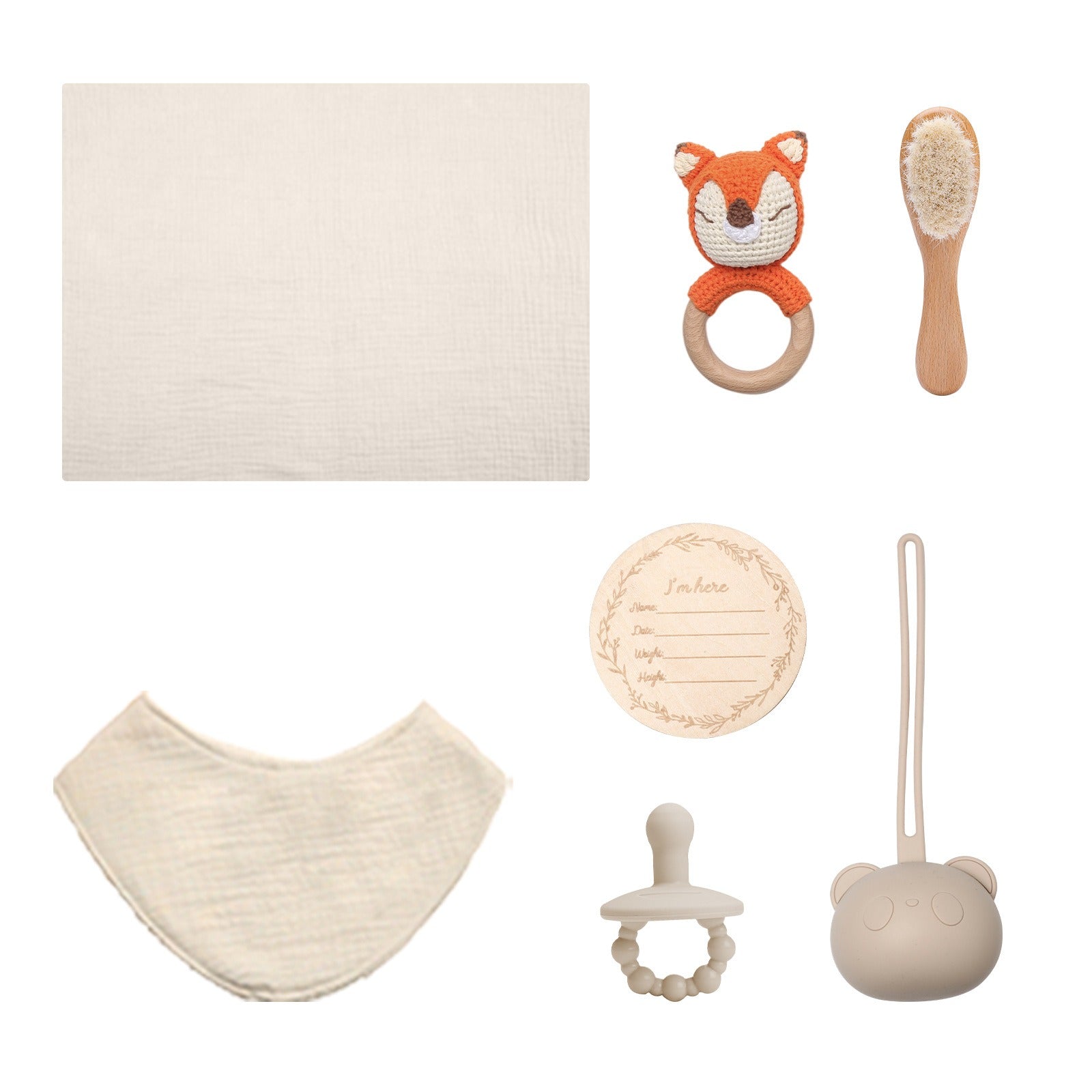 Baby shower gift set including a full moon-themed bath towel, wool brush, water towel, pacifier, and hand gift from eprolo.