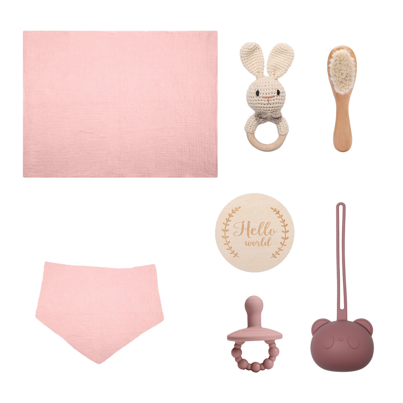 Eprolo full moon birth gift set including bath towel, wool brush, water towel, pacifier, and baby shower items arranged together.