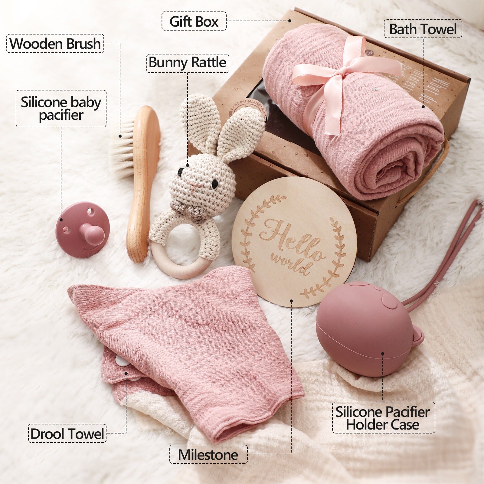 Eprolo full moon birth gift set including bath towel, wool brush, water towel, pacifier, and baby shower mouth cloth.