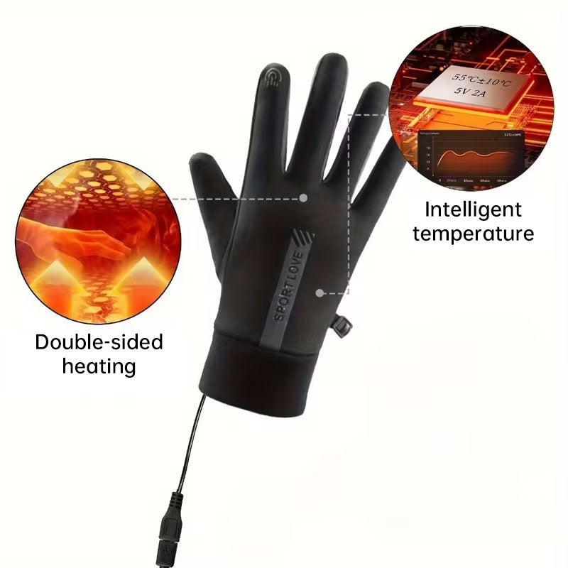 eprolo USB rechargeable heated gloves with adjustable temperature, anti-slip palms, and touchscreen compatibility for winter sports.