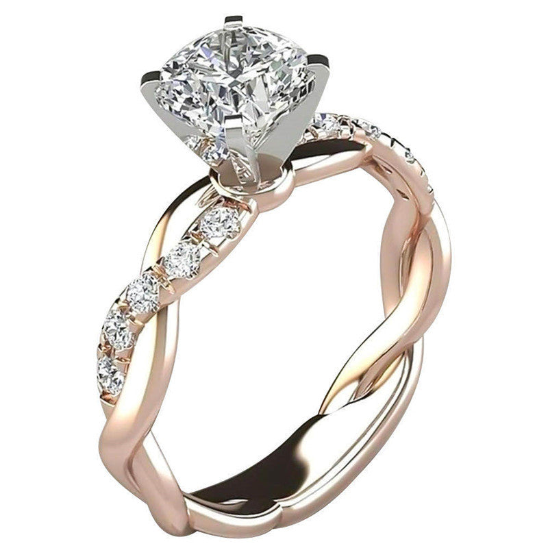 European and American 18k rose gold plated two-tone princess square diamond ring with cross twist design by eprolo.