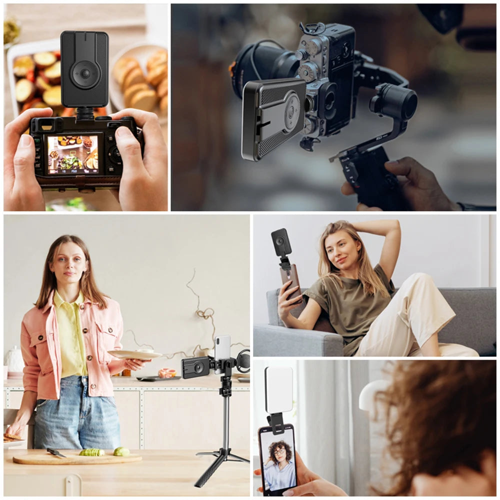 Mini portable eprolo mobile phone fill light with 5 color temperature settings for live videos and video conferencing.
