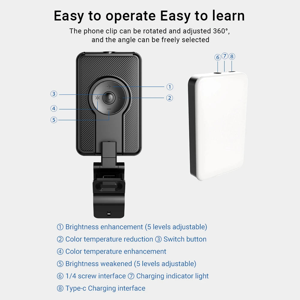 Portable eprolo mobile phone fill light with 5 color temperature options for live video and conference lighting.