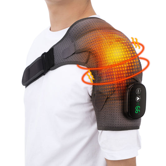 Eprolo massage shoulder support belt with touchscreen controller, showing the heated vibrating massager on a person's shoulder.