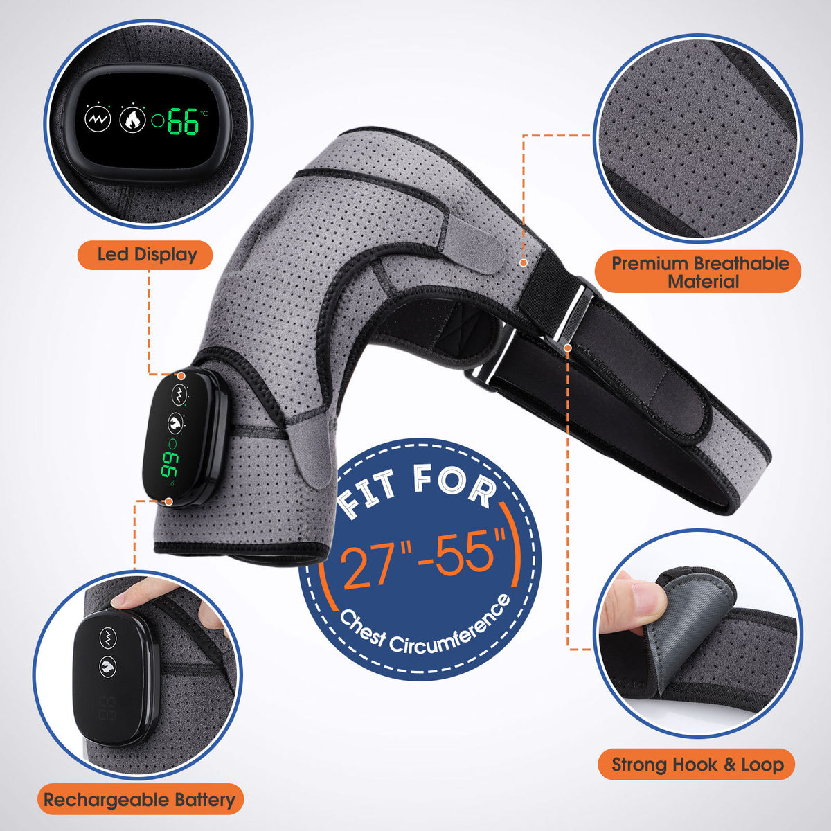 Eprolo massage shoulder support belt with touchscreen controller, rechargeable vibrating heat therapy for relaxing shoulder pain.