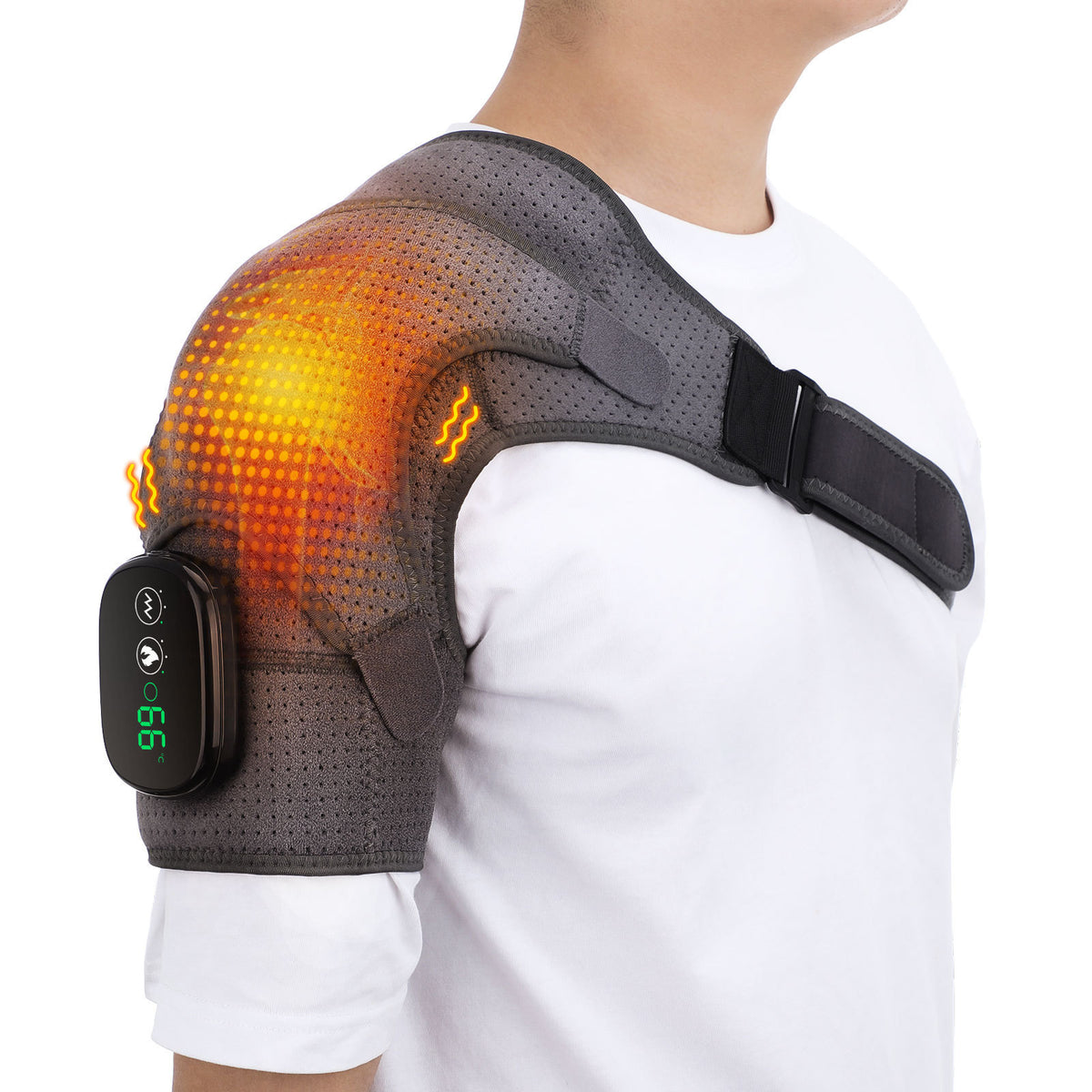 eprolo massage shoulder support belt with touchscreen controller, rechargeable vibrating heat therapy for shoulder pain relief