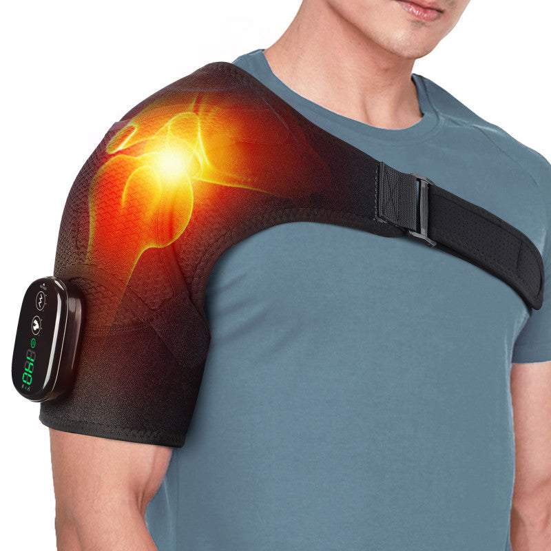 Eprolo massage shoulder support belt with touchscreen controller, showing heat and vibration therapy for shoulder relief.
