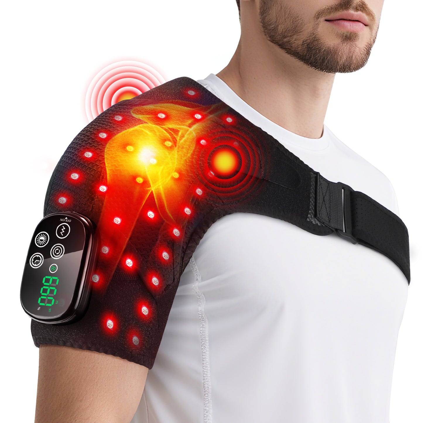 Eprolo massage shoulder support belt with touchscreen controller, showing heat and vibration therapy features and adjustable fit.