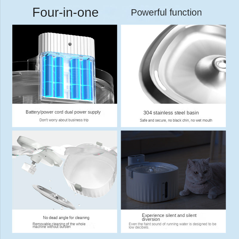 Eprolo automatic pet water dispenser with infrared sensor, wireless circulation system for cats and dogs, unplugged operation.