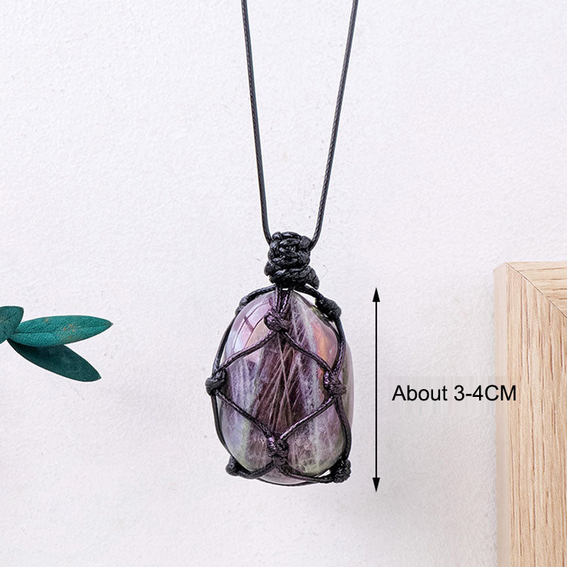 Purple light feldspar raw stone pendant necklace with moonstone shape crystal and handmade mesh bag design by eprolo.