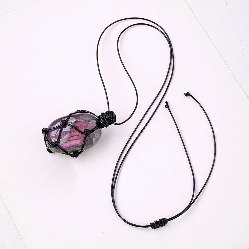 Purple light feldspar raw stone pendant necklace with moonstone-shaped crystal and handmade mesh bag design by eprolo.