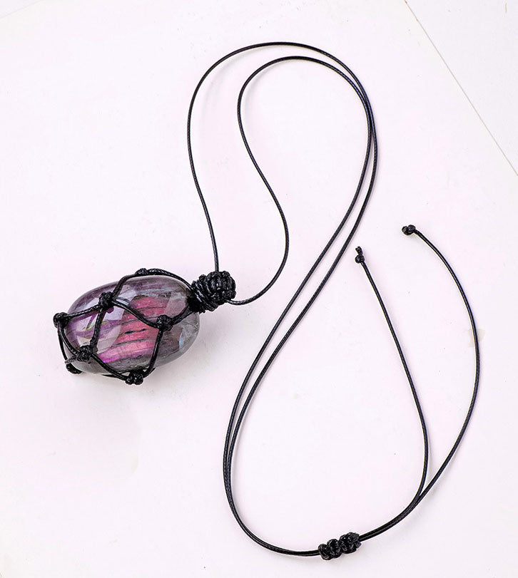 Purple light feldspar raw stone pendant with moonstone shape, handmade mesh necklace, crystal jewelry by eprolo.