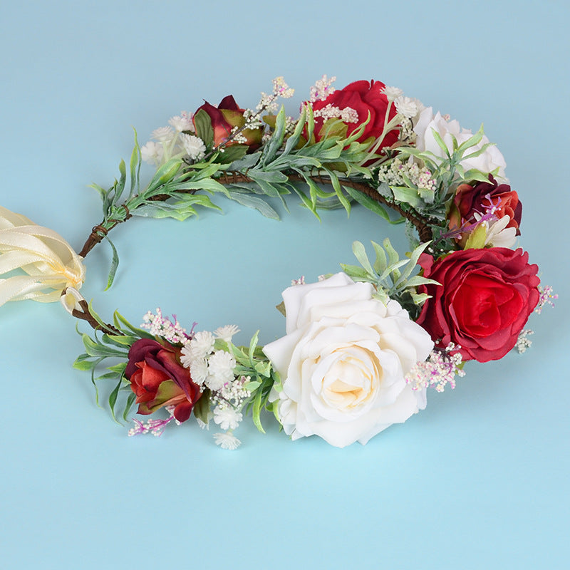 Hawaiian flower garland headwear with roses, perfect for flower girls and brides, featuring colorful floral fairy-style design.