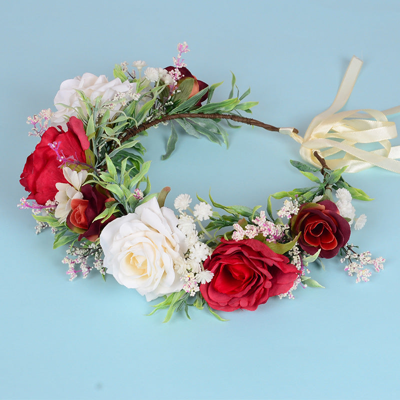 Hawaiian flower garland headwear with colorful roses, perfect for flower girls and brides, featuring floral and fairy-inspired design.