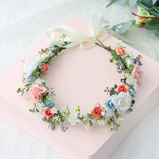 Colorful fabric rose bridal wreath hair strap with handmade design, perfect for children, travel, and holiday scenic photography accessories.