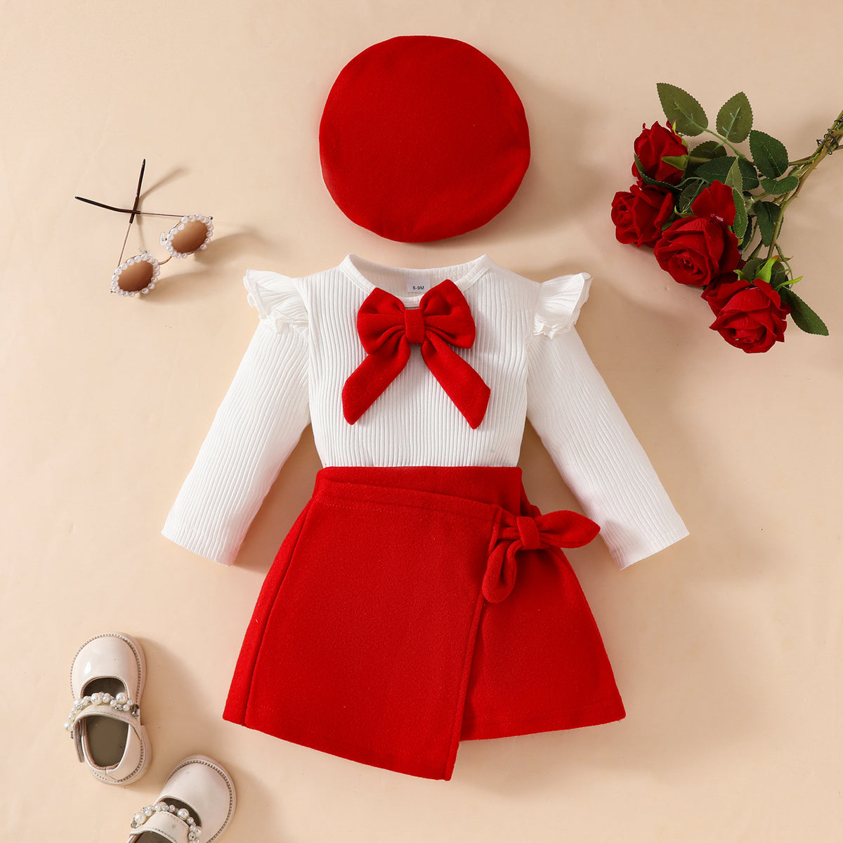 Fashion Step Girl 3-piece set featuring a big bow beret, long sleeve top, and velvet half skirt for autumn and winter.