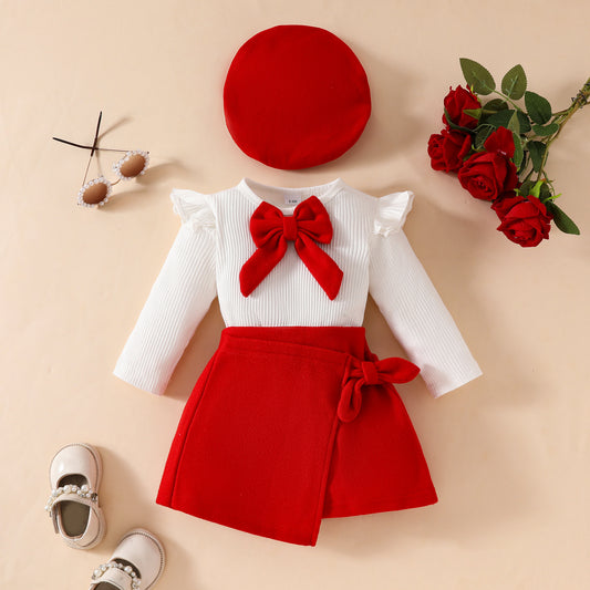 Fashion Step Girl 3-piece set featuring a big bow beret, long sleeve top, and velvet half skirt for autumn and winter.