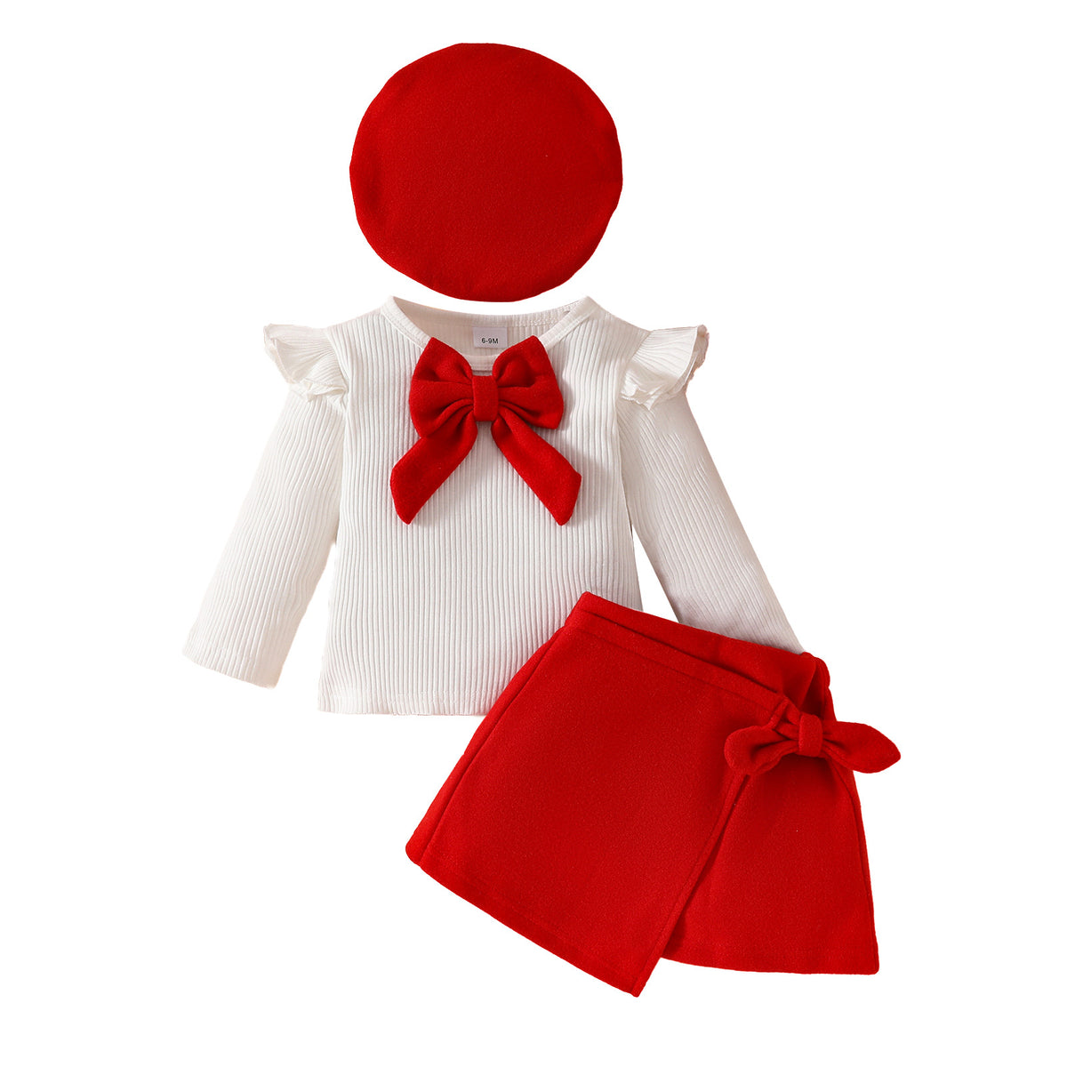 Fashion Step Girl big bow beret, long sleeve top, velvet half skirt autumn/winter 3-piece set by eprolo, stylish and cozy for girls.