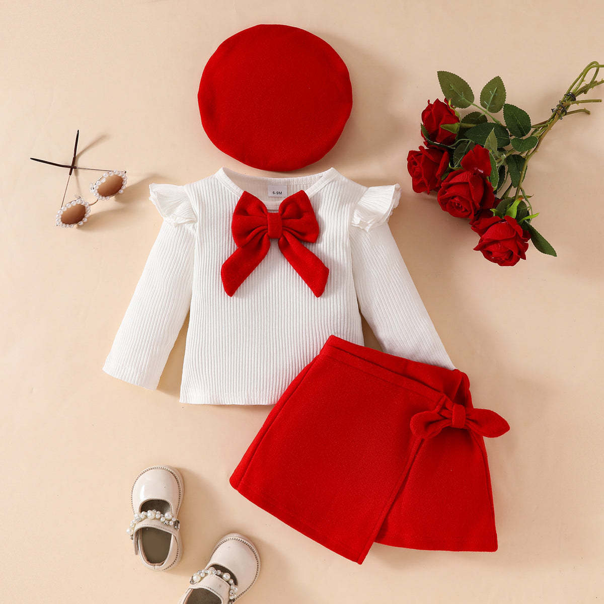 Fashion Step Girl big bow beret, long sleeve top, velvet half skirt autumn winter 3-piece set, stylish children's clothing by eprolo.