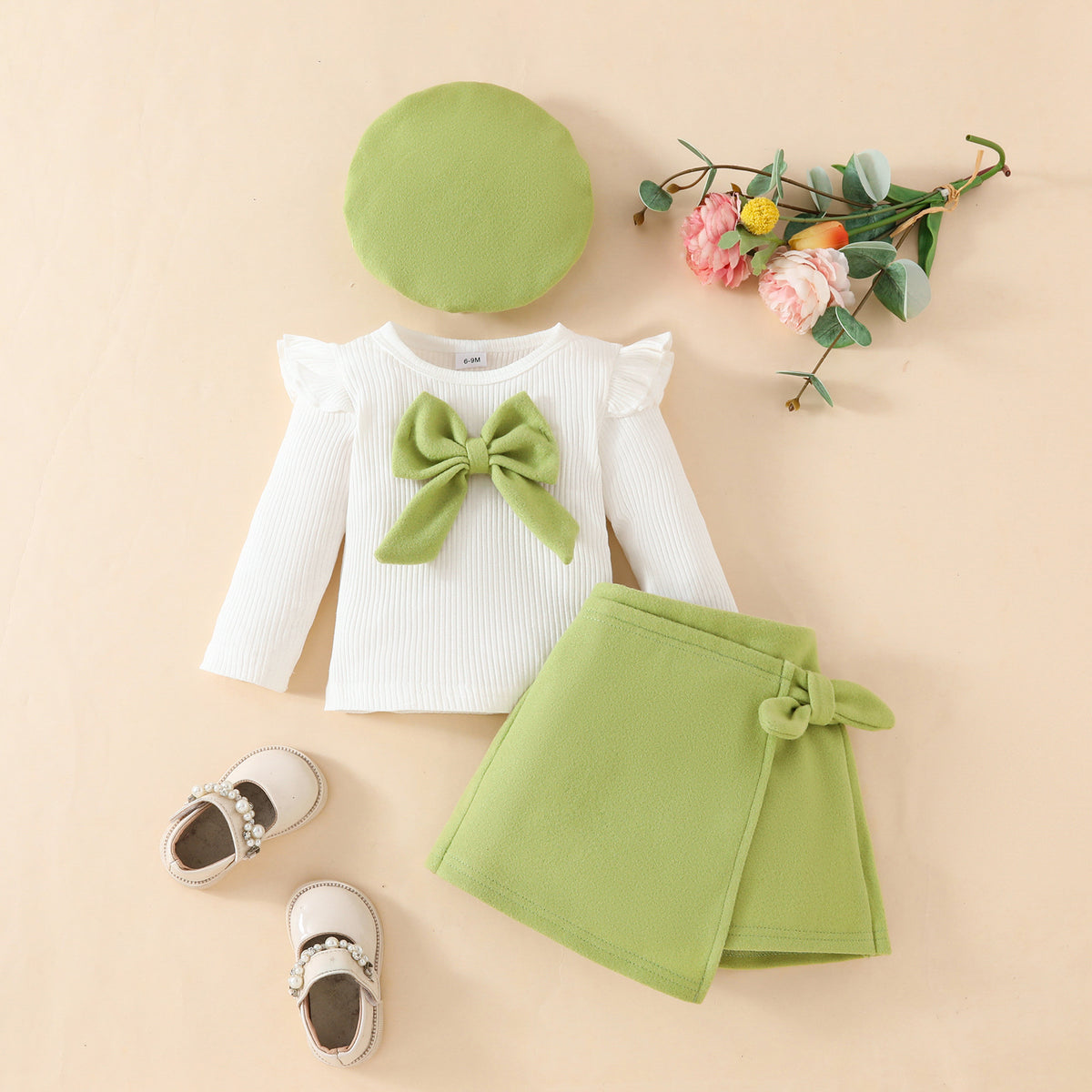 Fashion Step Girl big bow beret, long sleeve velvet top, and half skirt set for autumn/winter, by eprolo.