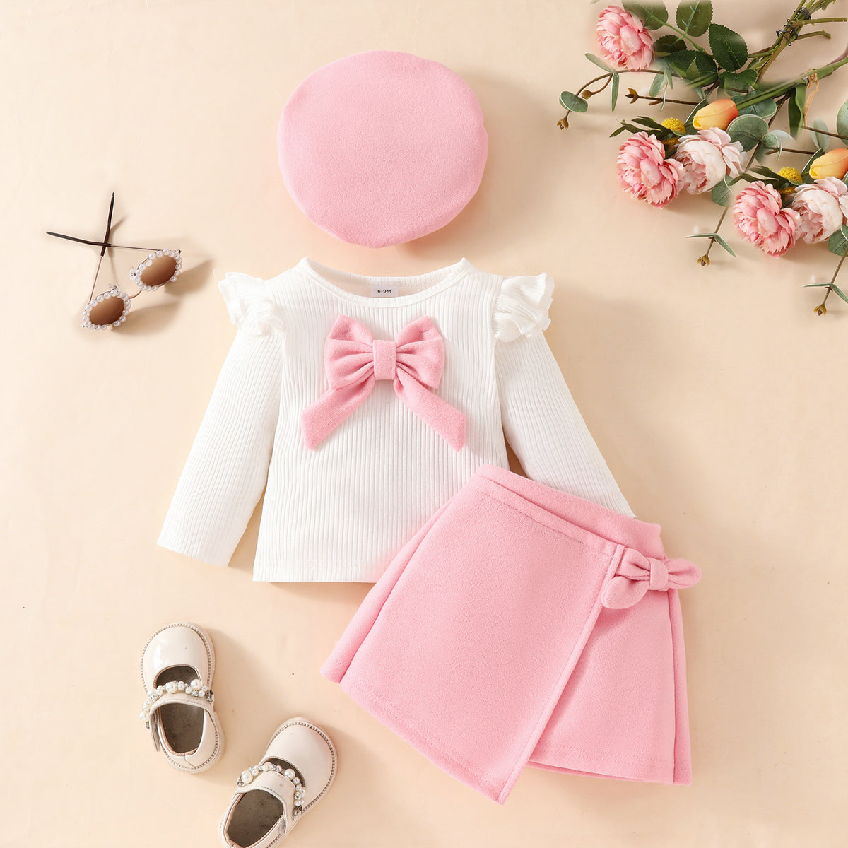 Fashion Step Girl 3-piece set with bow beret, long sleeve top, and velvet skirt for autumn and winter by eprolo.
