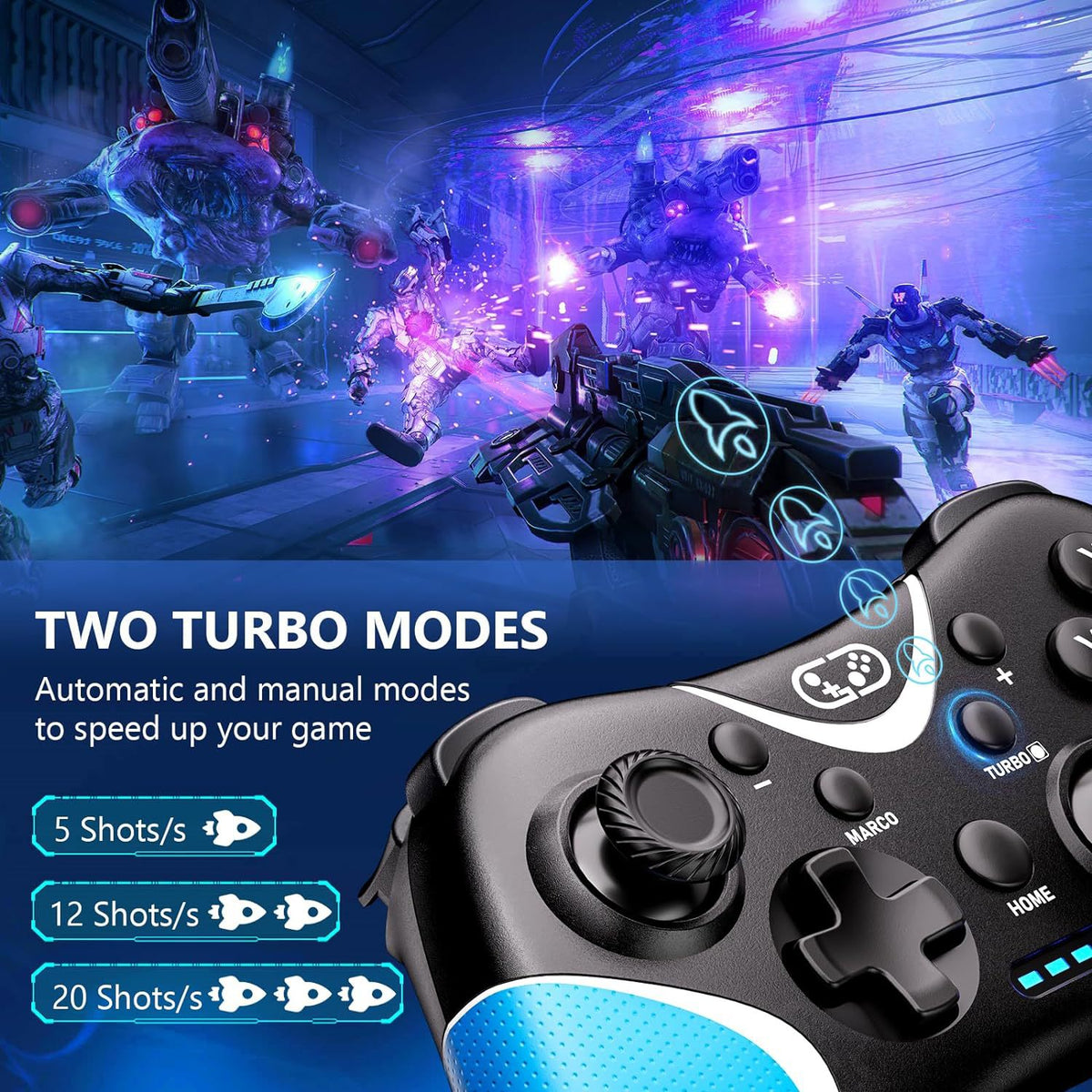 Eprolo Switch wireless game controller with custom back key programming and Bluetooth connectivity, designed for Nintendo Switch gaming.