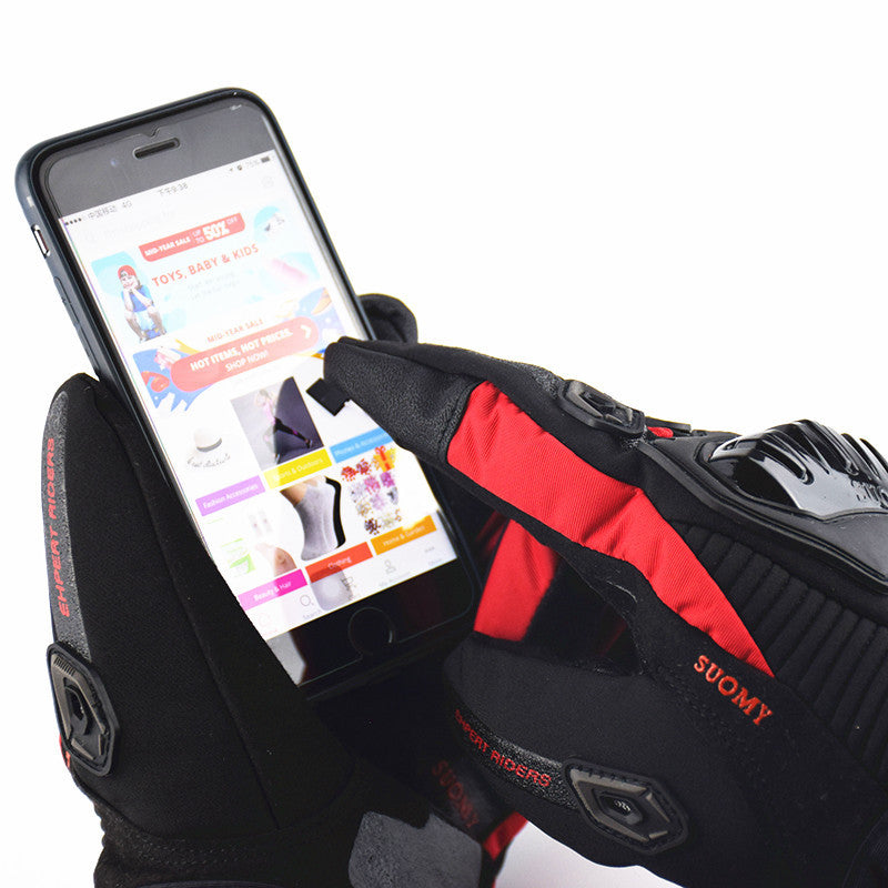 Eprolo waterproof winter motorcycle gloves with touch-screen fingertips, thick long design, windproof, warm, and hand guard features.
