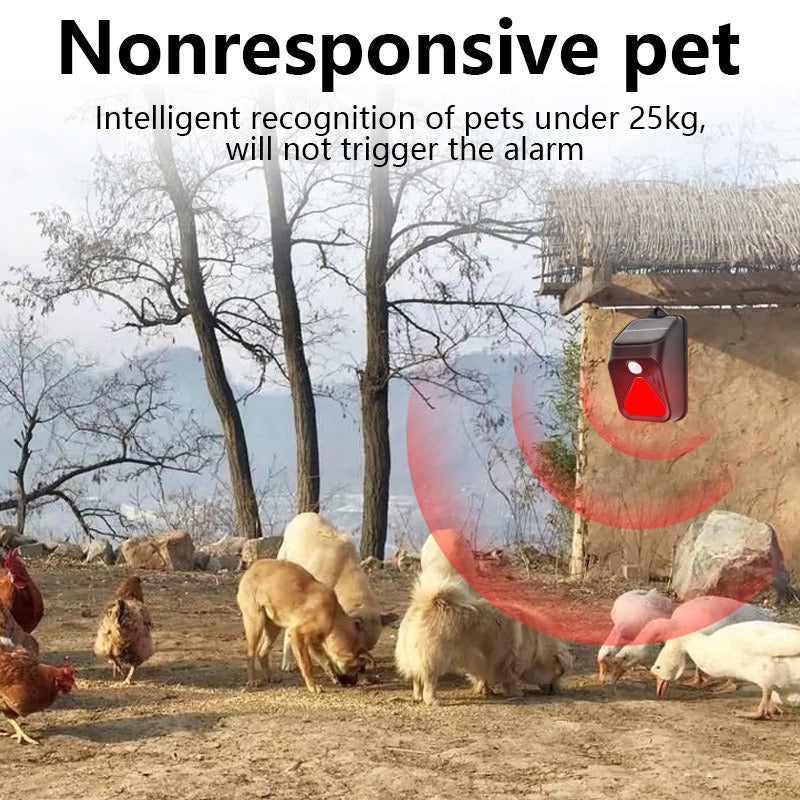 Eprolo solar alarm light with human body sensor and remote control, designed to deter animals with bright illumination.
