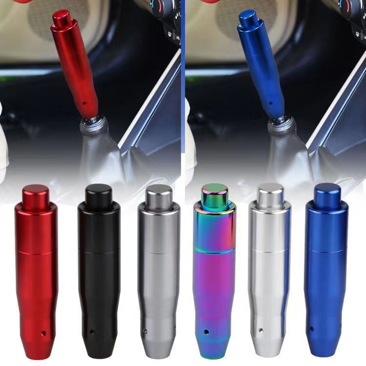 Colorful metal gear shift lever with wave design, personalized for automotive racing, featuring a metal gear head and handbrake.