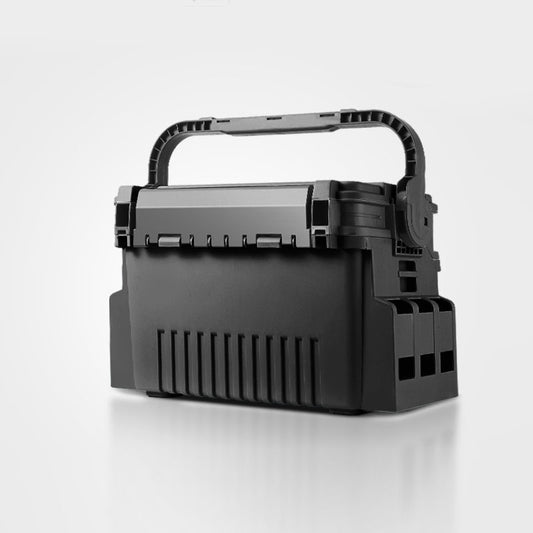 Portable 2-layer eprolo fishing tackle box with adjustable compartments, rod and cup holder for organized fishing gear.