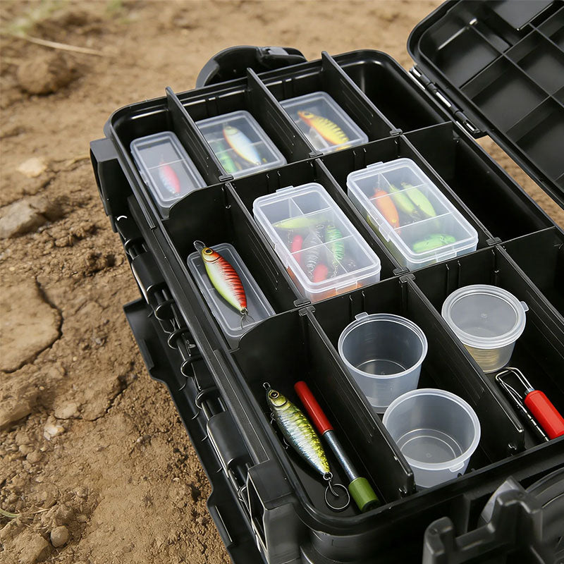 Eprolo portable 2-layer fishing tackle box with adjustable compartments, rod holder, and cup holder for organized fishing gear.