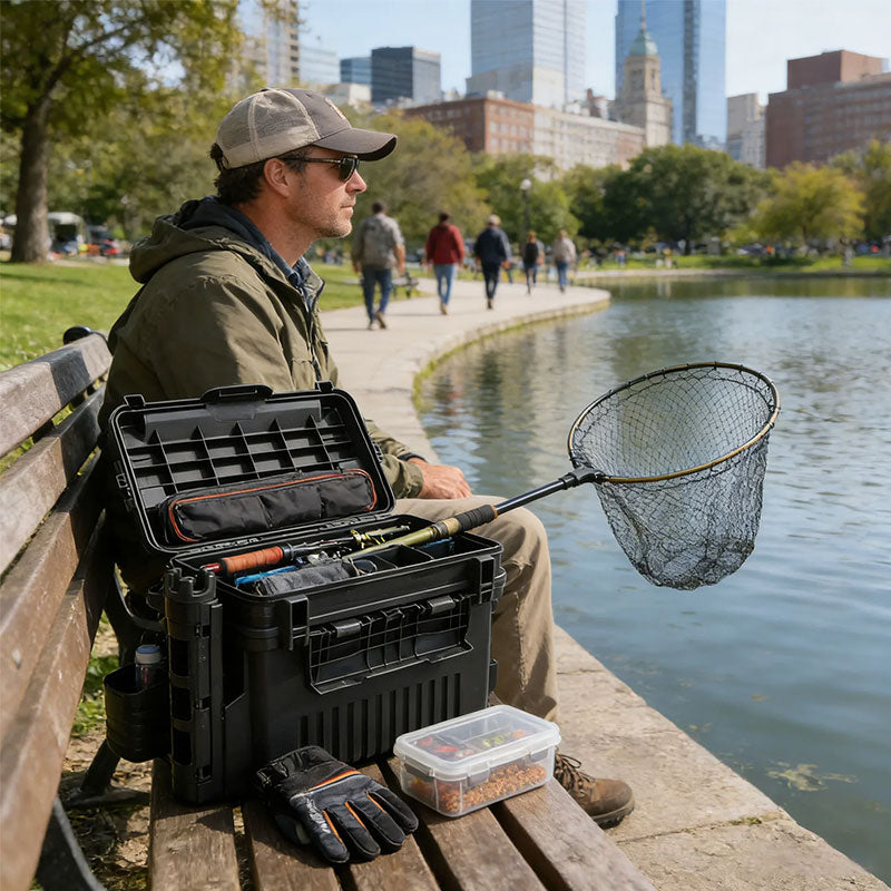 Eprolo portable 2-layer fishing tackle box with adjustable compartments, rod holder, and cup holder, ideal for anglers.