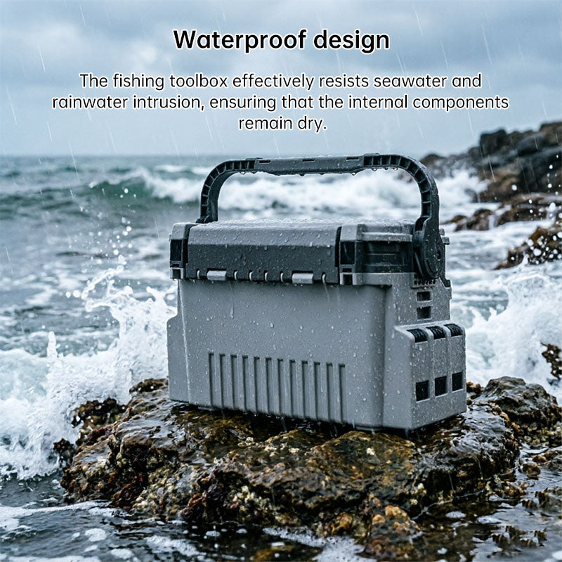Eprolo portable 2-layer fishing tackle box with adjustable compartments, rod and cup holder, compact and organized for anglers.