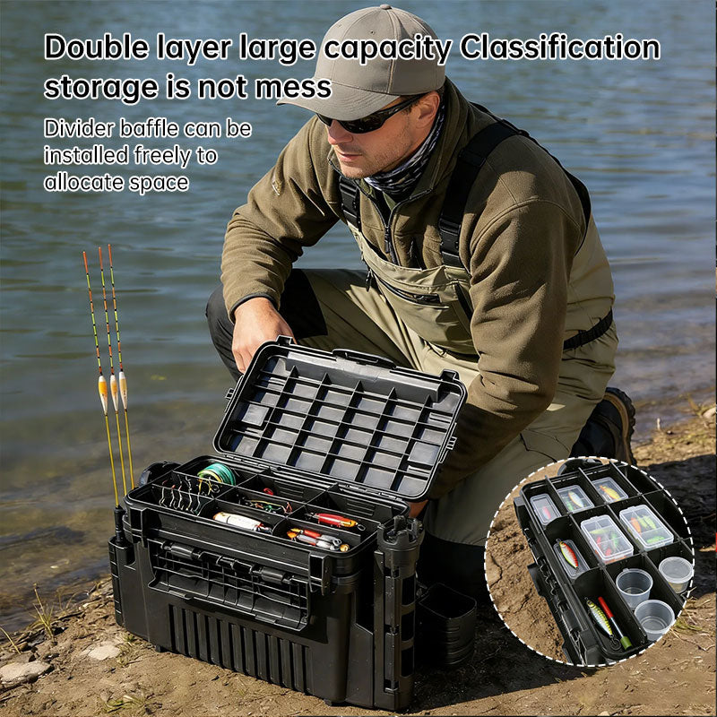 Portable eprolo 2-layer fishing tackle box with adjustable compartments, rod and cup holder for organized fishing gear.