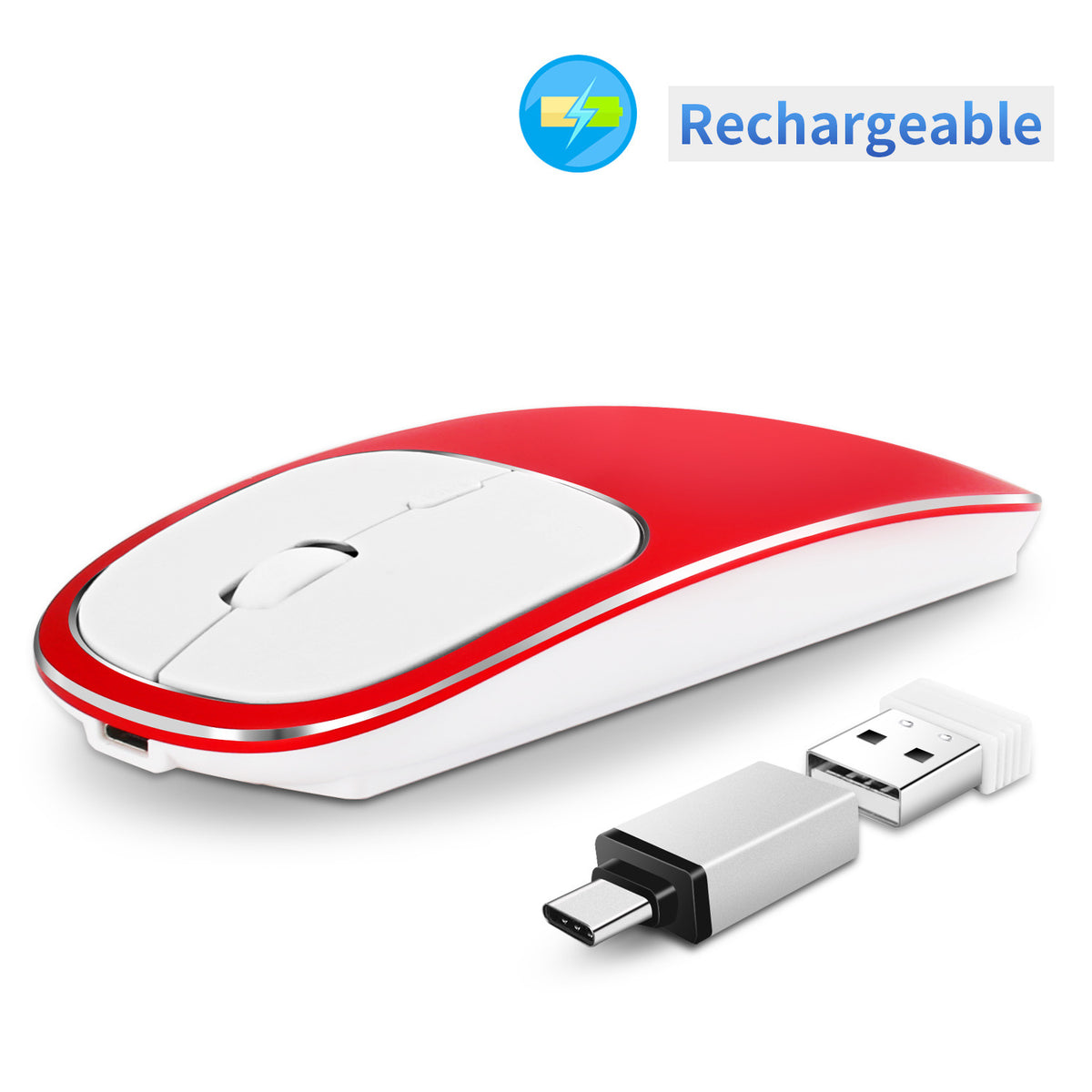 Wireless eprolo mouse with silent 2.4G charging, portable design for desktop and notebook use, with male and female connectors.