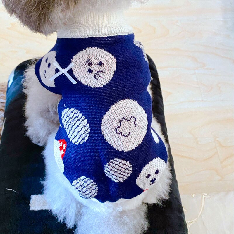 Cute fruit-print knit sweater for small dogs like Teddy, Bichon, or Maltese by eprolo, perfect for winter warmth.