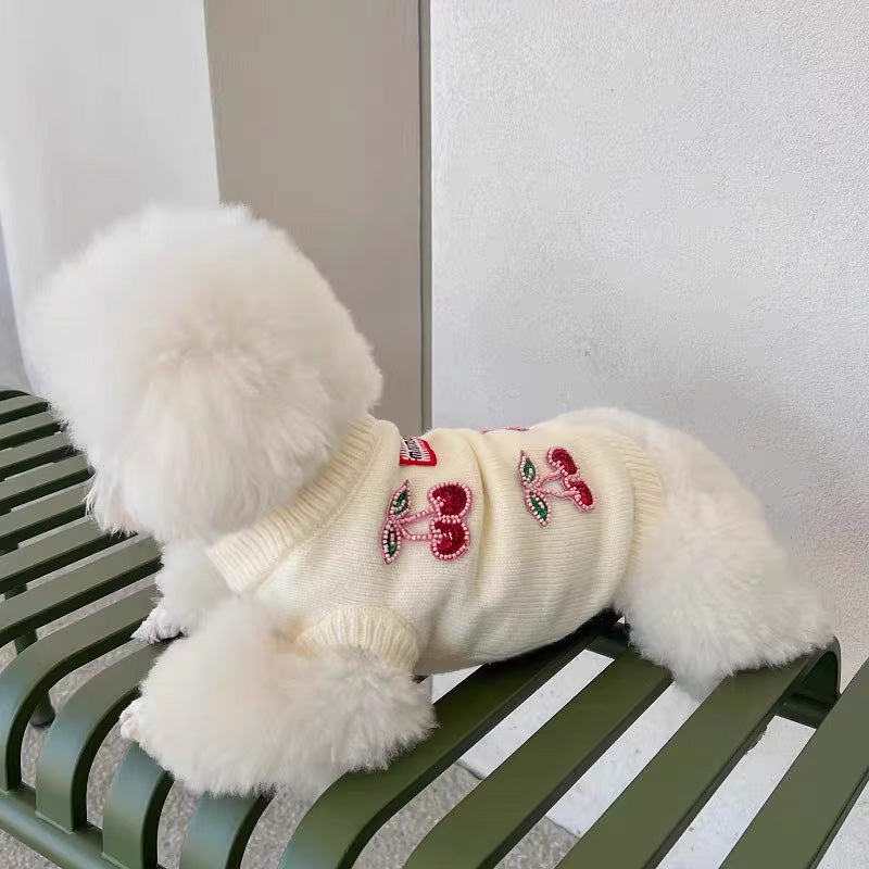 Cute fruit-print knit sweater for teddy, bichon, or Maltese dogs, designed by eprolo for winter warmth and style.