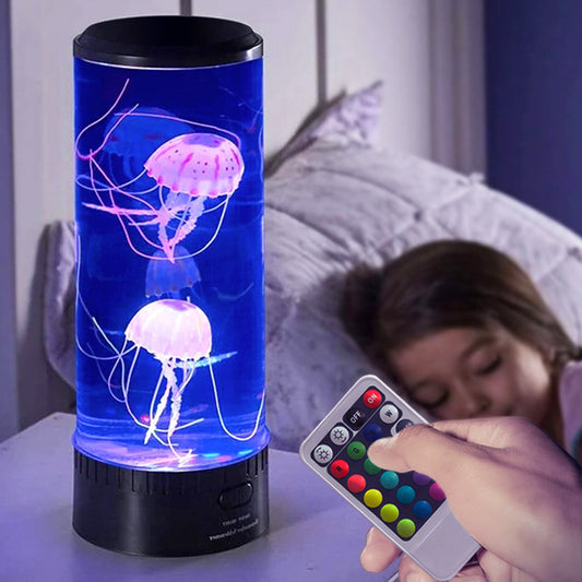 Colorful LED jellyfish lamp by eprolo with USB plug, changing colors, creates a calming night light and desktop ambiance.