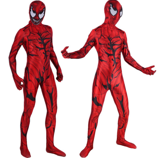 Unisex Carnage Cletus Kasady super villain cosplay costume bodysuit featuring red and black Zentai jumpsuit for Halloween.