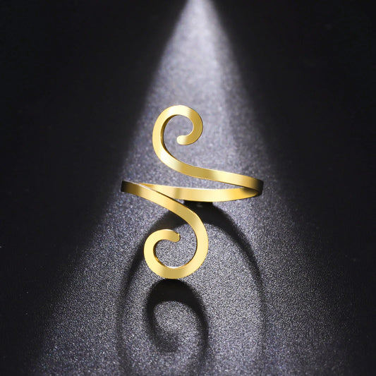 Gold stainless steel large spiral ring for women, adjustable minimalist jewelry with a sleek design, ideal for Valentine's Day.