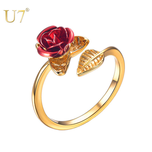 Eprolo U7 Red Rose Garden flower leaves resizable open finger ring for women, Valentine's Day gift jewelry, hot sale accessory