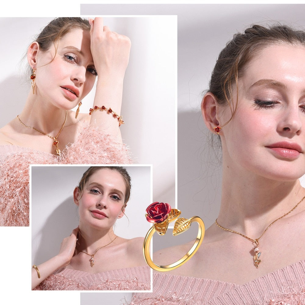Eprolo U7 Red Rose Garden flower leaves open adjustable finger ring for women, Valentine's Day jewelry gift, hot sale R1019