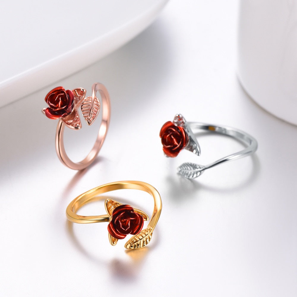 Eprolo U7 Red Rose Garden flower leaves adjustable gold-tone finger ring for women, open design, Valentine's Day gift jewelry