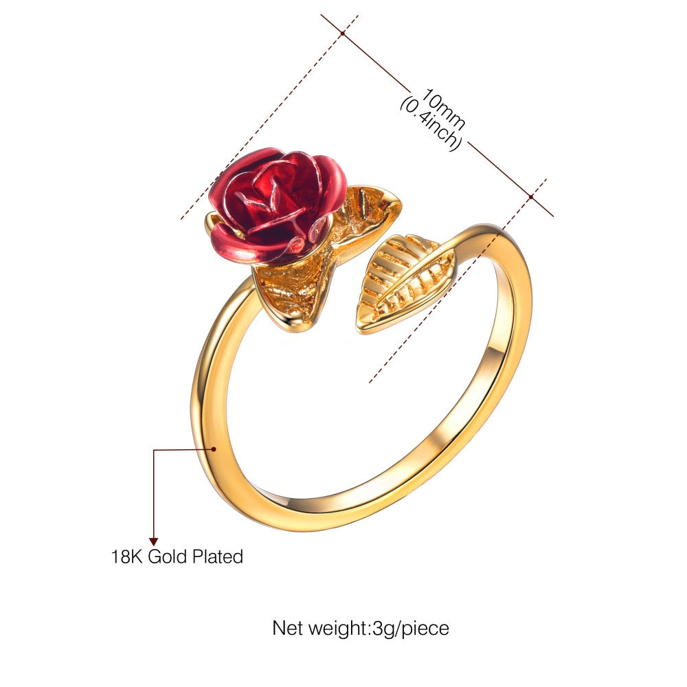 Eprolo U7 red rose garden floral leaves resizable finger ring for women, open design, perfect for Valentine's Day jewelry gift